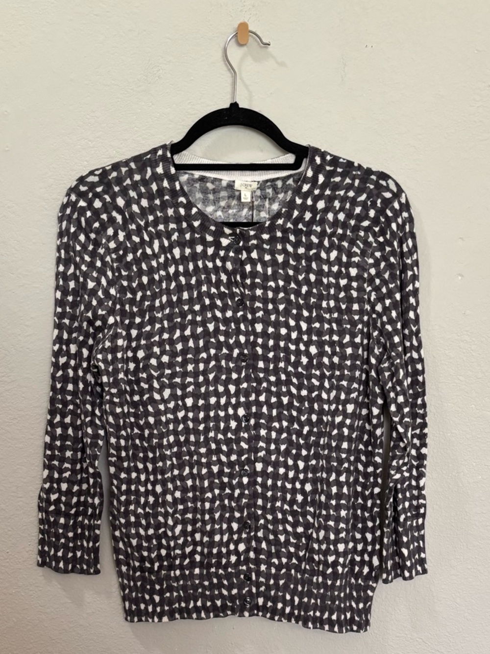 J. Crew Black White Hand Printed Patterned Cardigan Sweater Size Large NWT